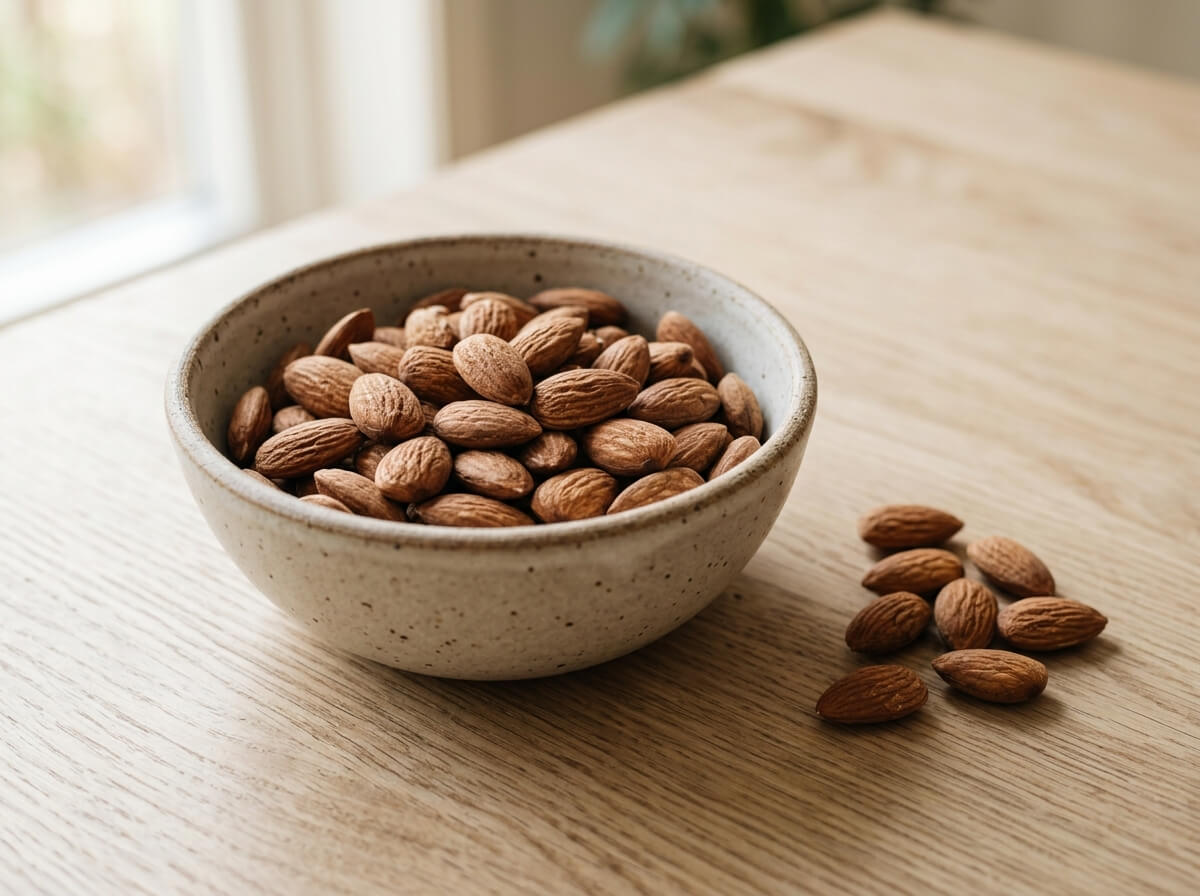 Clean raw whole almonds with natural brown skin in minimalist ceramic dish