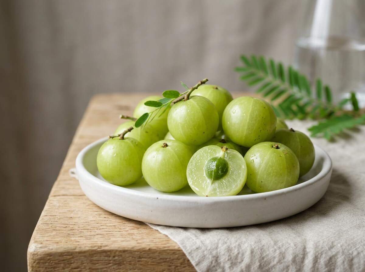 Fresh translucent green amla berries on clean studio ceramic surface