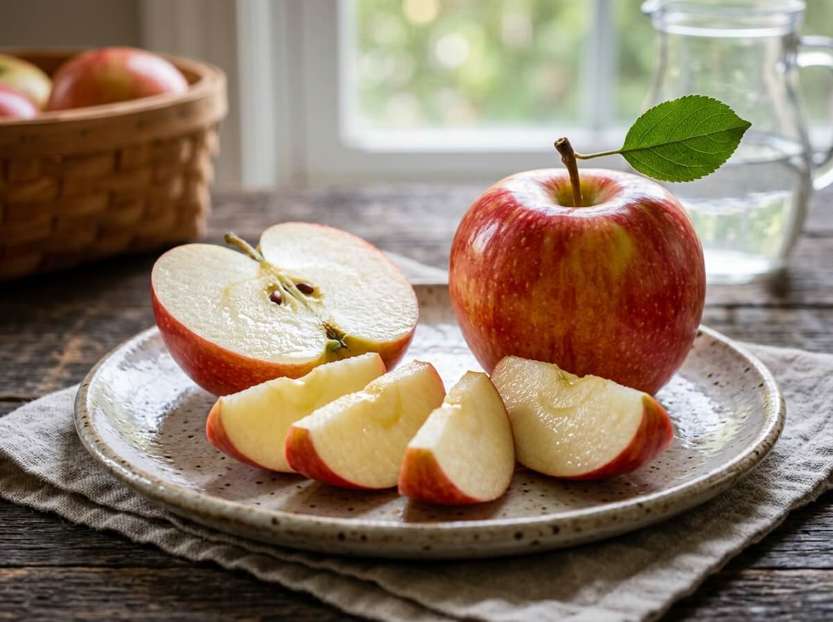 Clean crisp red apple whole and sliced on light studio background