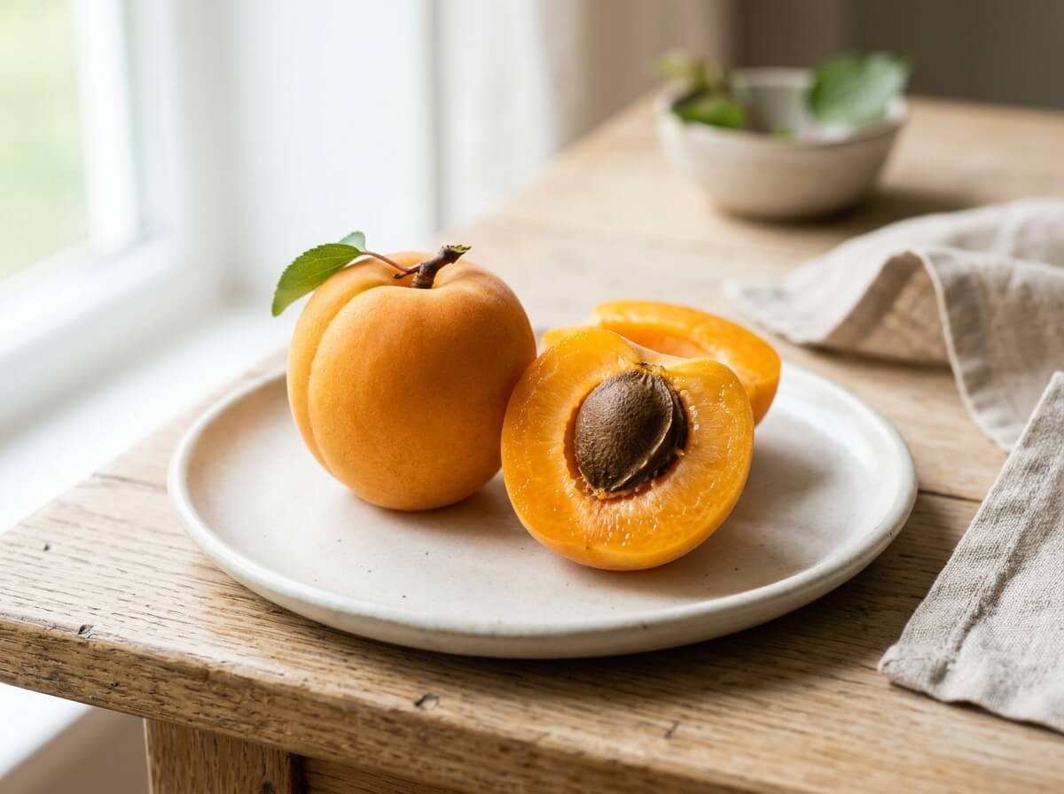Sun-kissed golden orange apricots whole and halved on clean ceramic surface
