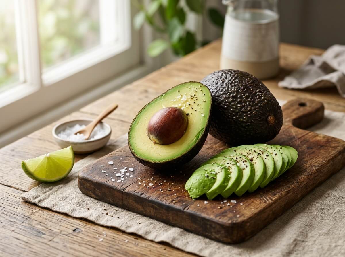 Clean ripe Hass avocado sliced in half showcasing creamy green texture and seed