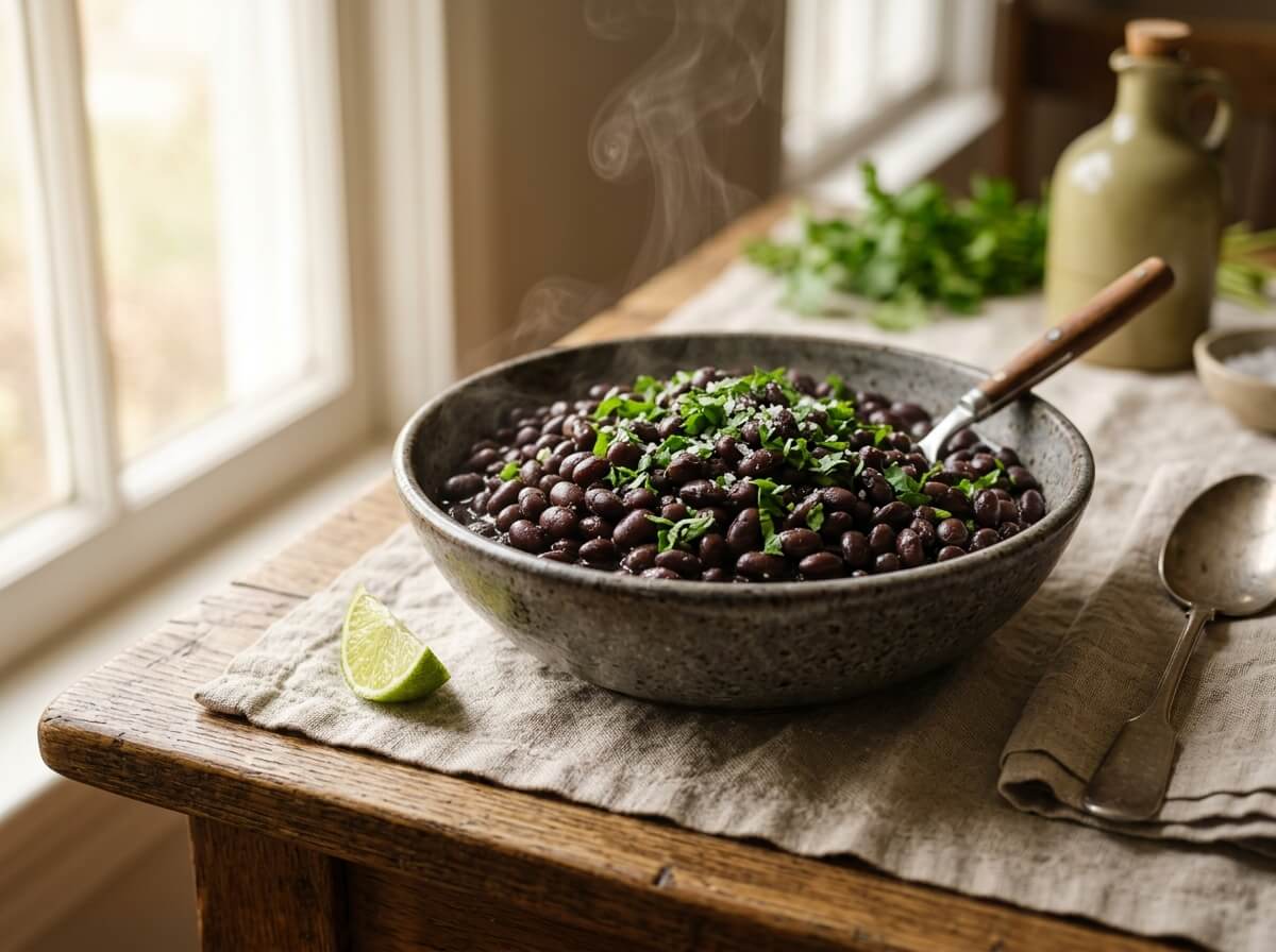 Clean cooked glistening black beans in a dark stone bowl