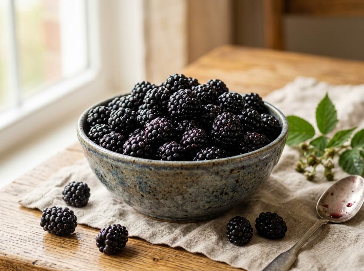 Glossy fresh ripe blackberries on clean modern white ceramic backdrop