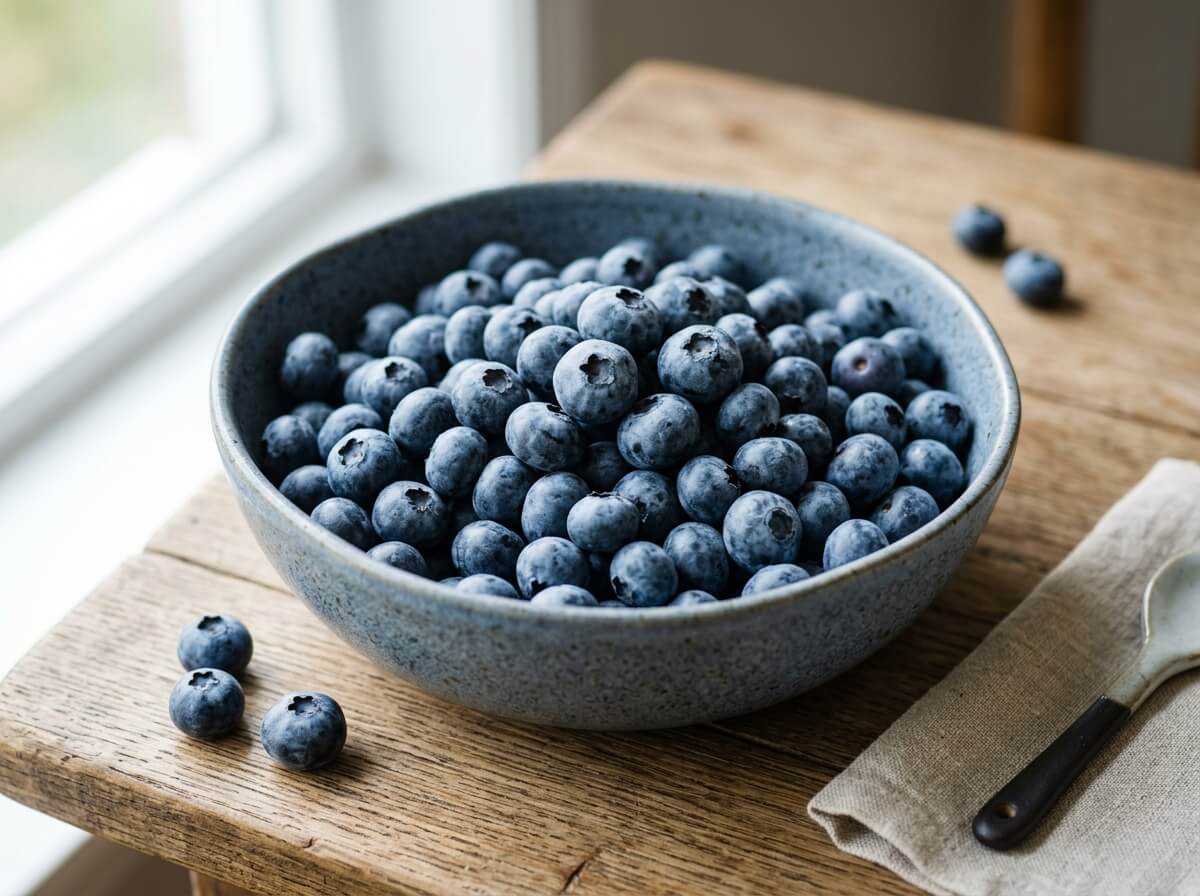 Fresh plump blueberries with silvery bloom on clean ceramic surface