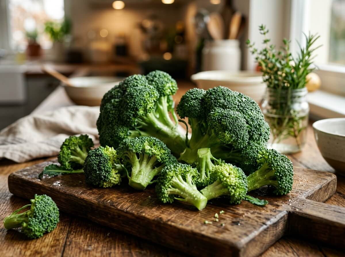 Vibrant green fresh broccoli florets on clean stone background
