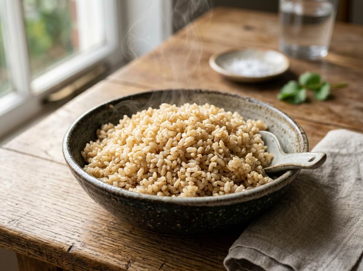 Nutty cooked whole grain brown rice in minimalist stoneware dish