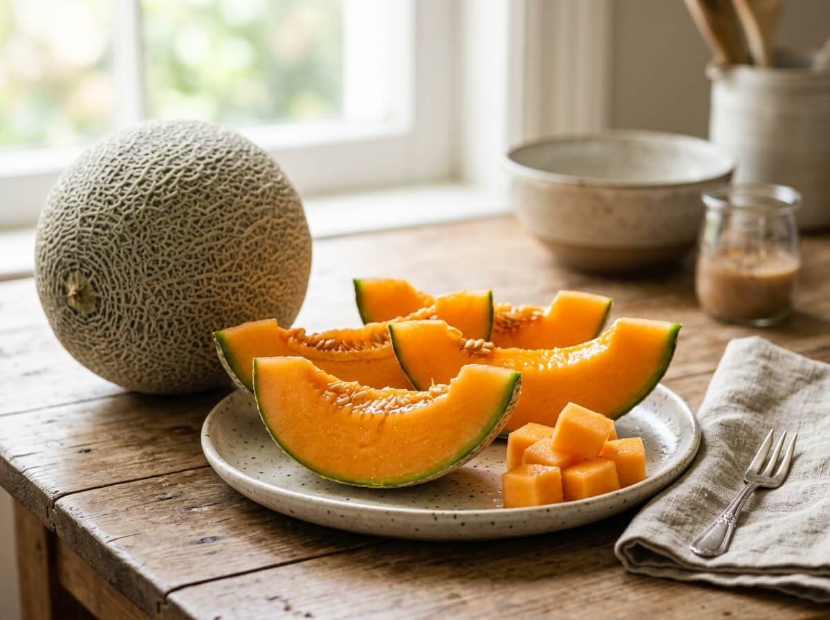 Clean cantaloupe melon cut in half revealing orange seed cavity and fragrant flesh
