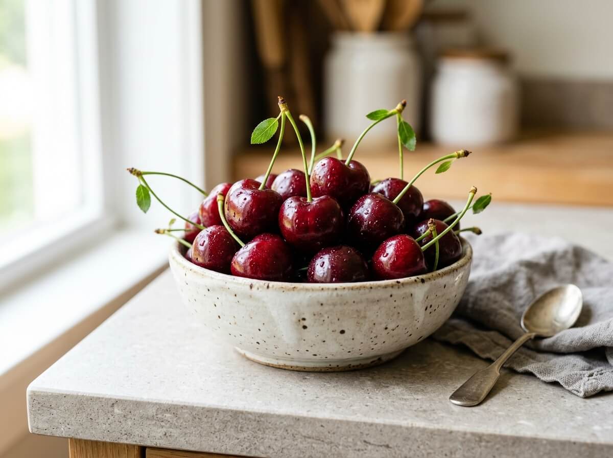 Fresh dark red glossy sweet cherries with green stems in ceramic bowl