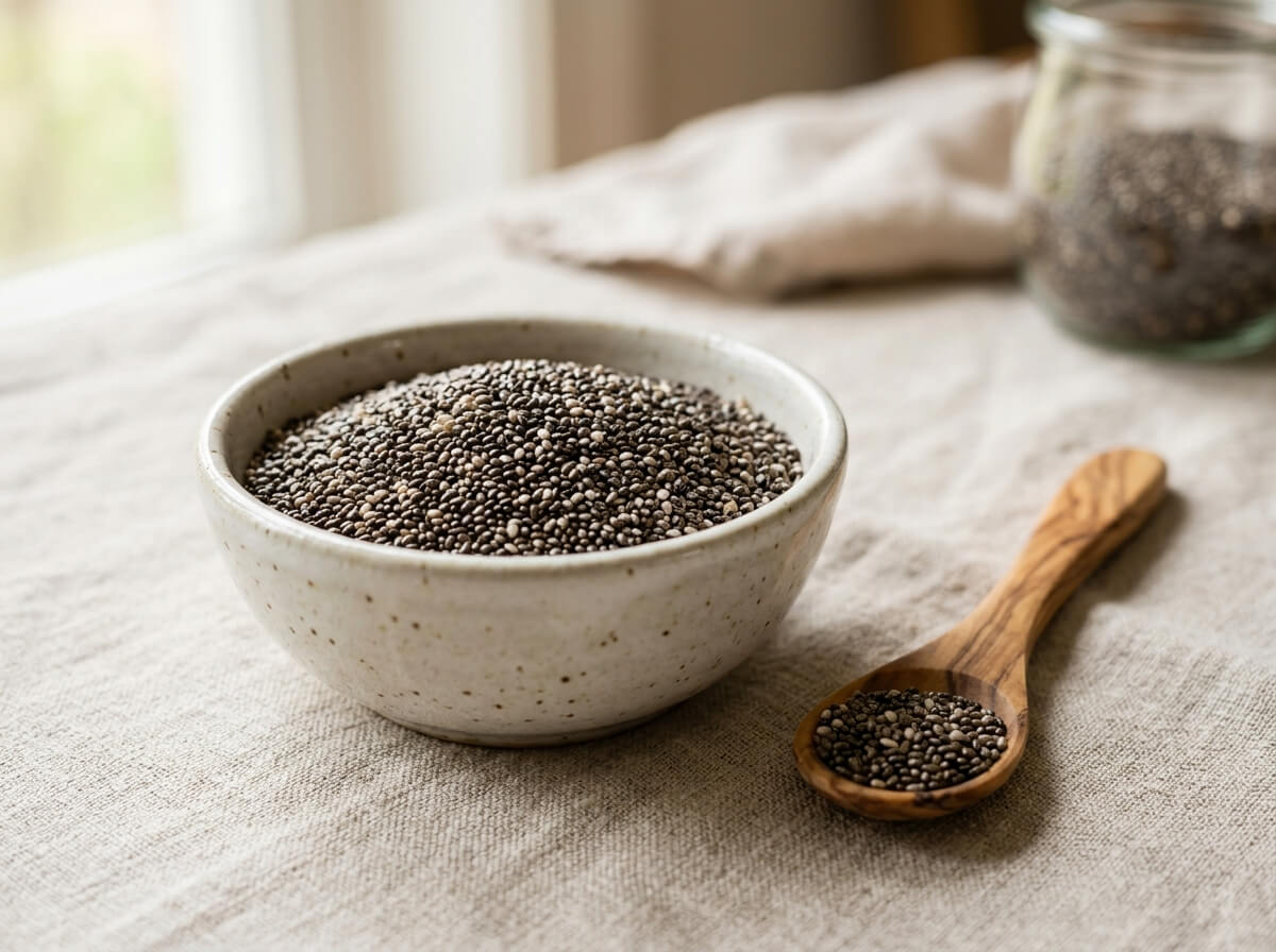 Fine organic black and white chia seeds resting in a stone bowl