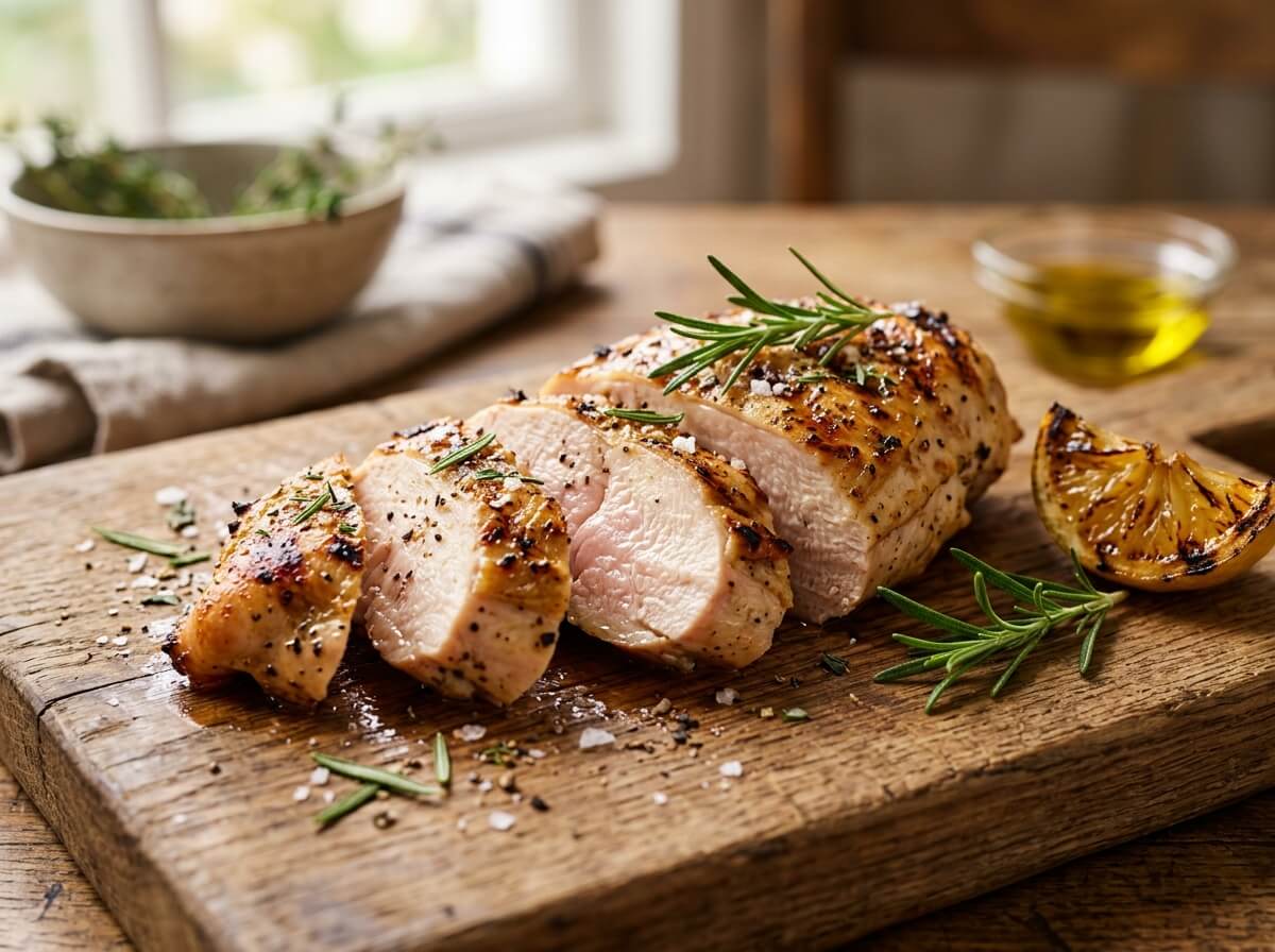 Cleanly roasted sliced chicken breast fillet showing juicy lean interior