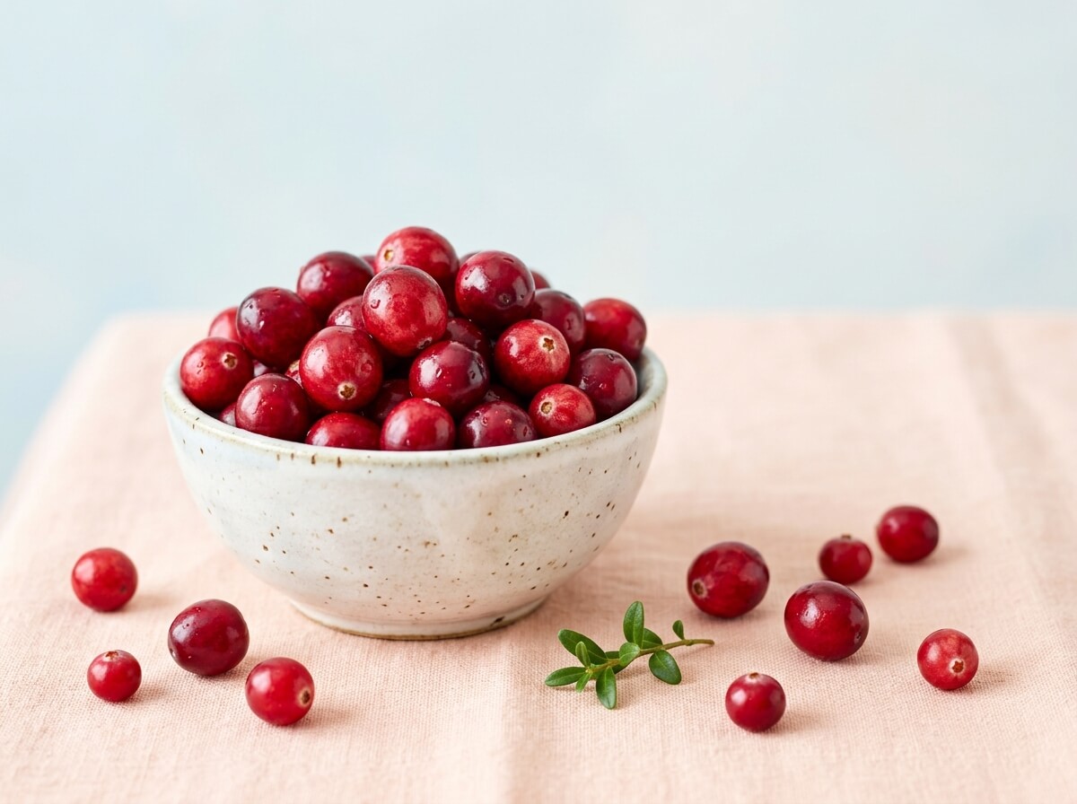 Fresh whole glossy crimson cranberries in a minimalist ceramic dish