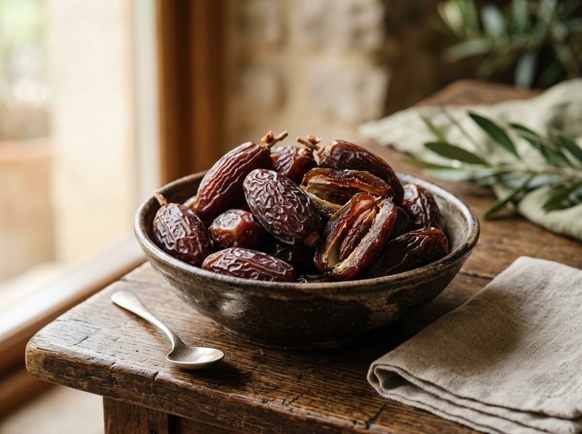 Plump wrinkly dark amber Medjool dates on a modern plate