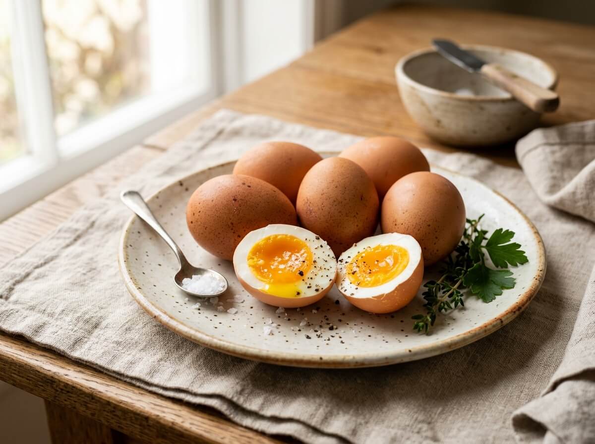 Boiled egg cleanly sliced in half showing rich golden yolk