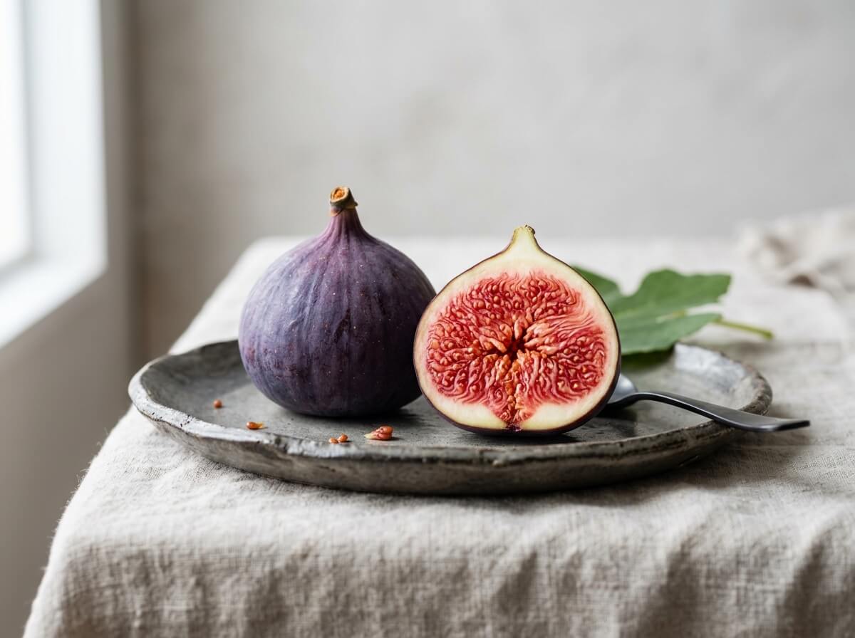 Fresh whole and halved purple figs with deep pink seeded interior