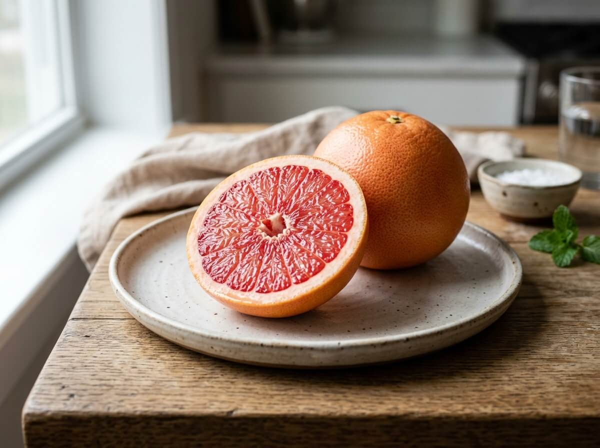 Fresh pink ruby red grapefruit halved showing glistening ruby segments