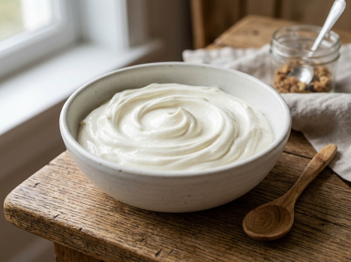 Thick creamy plain Greek yogurt presented in a minimalist ceramic bowl