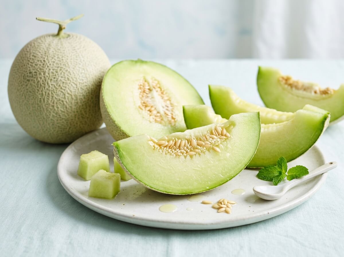 Fresh pale green honeydew melon sliced into wedges on neutral surface