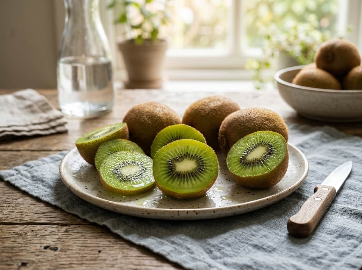 Clean sliced green kiwi displaying emerald flesh and tiny black seeds