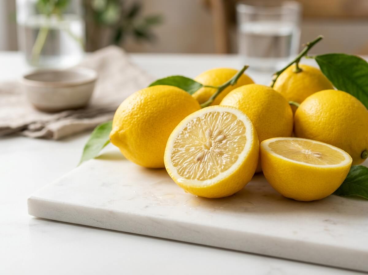 Fresh vibrant yellow lemon cut in half showing juicy pulp