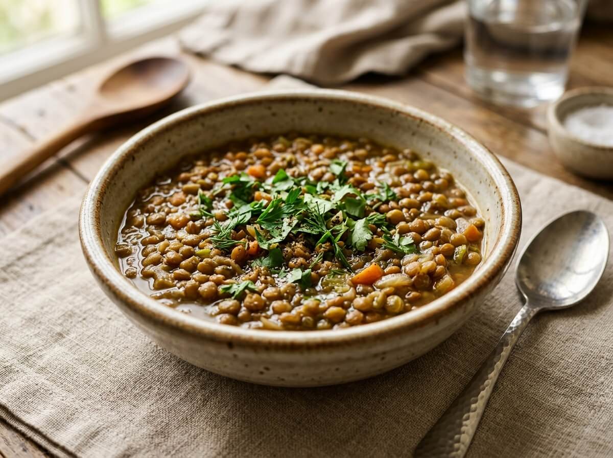 Clean cooked lentils in a restrained ceramic bowl showcasing hearty texture