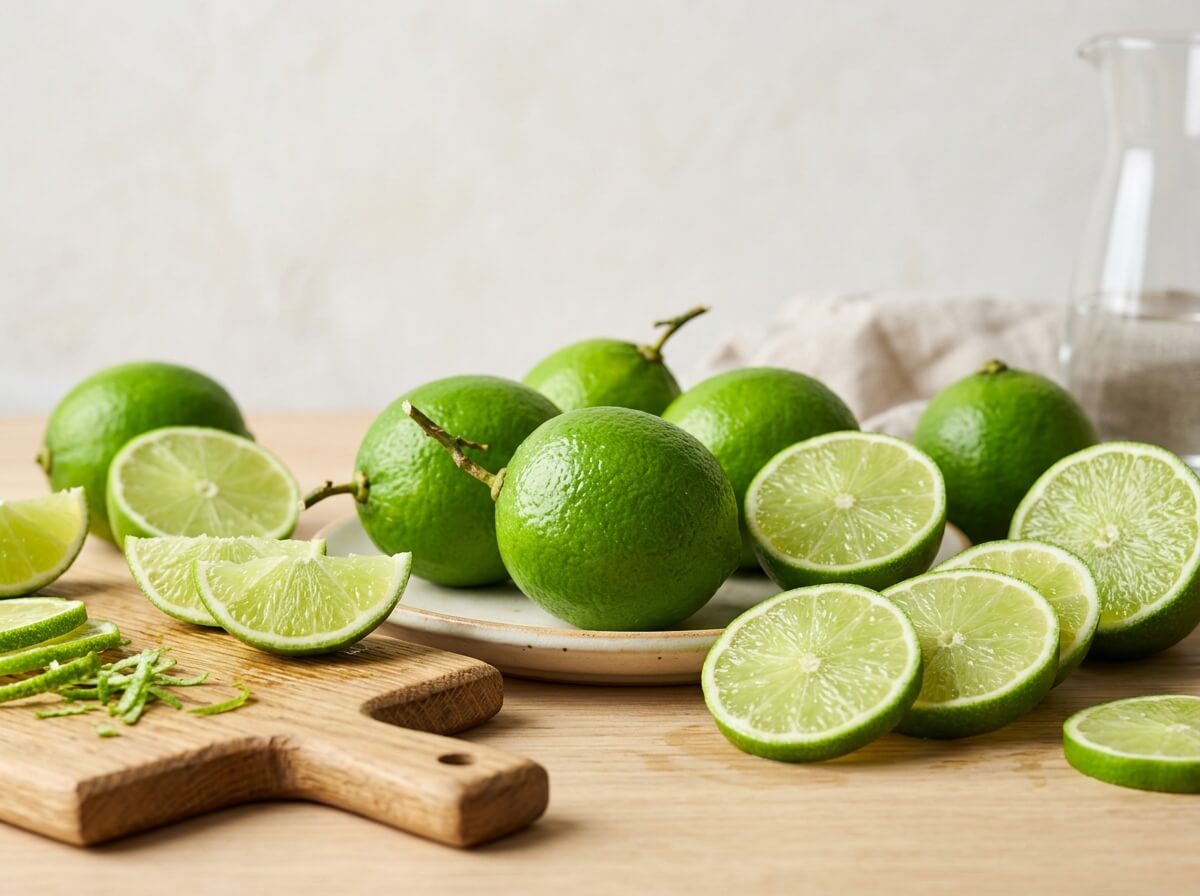 Fresh green lime sliced in half with glistening citrus vesicles