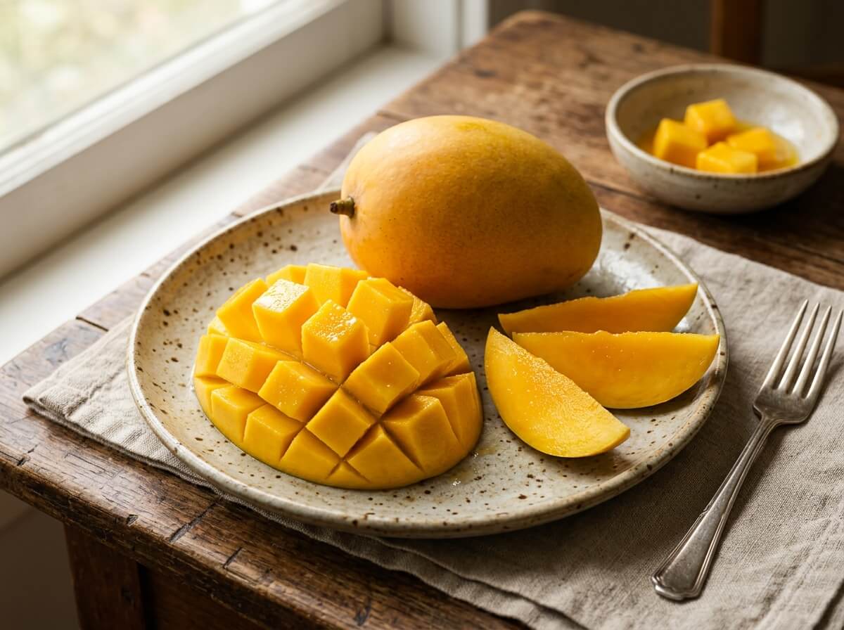 Fresh ripe mango sliced in hedgehog pattern displaying golden juicy cubes