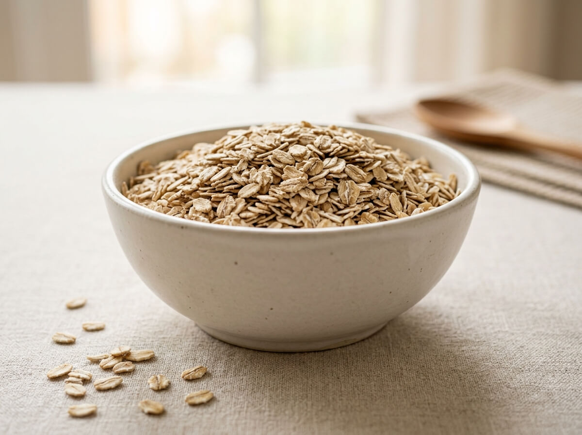 Clean whole rolled oats in a minimalist ceramic bowl