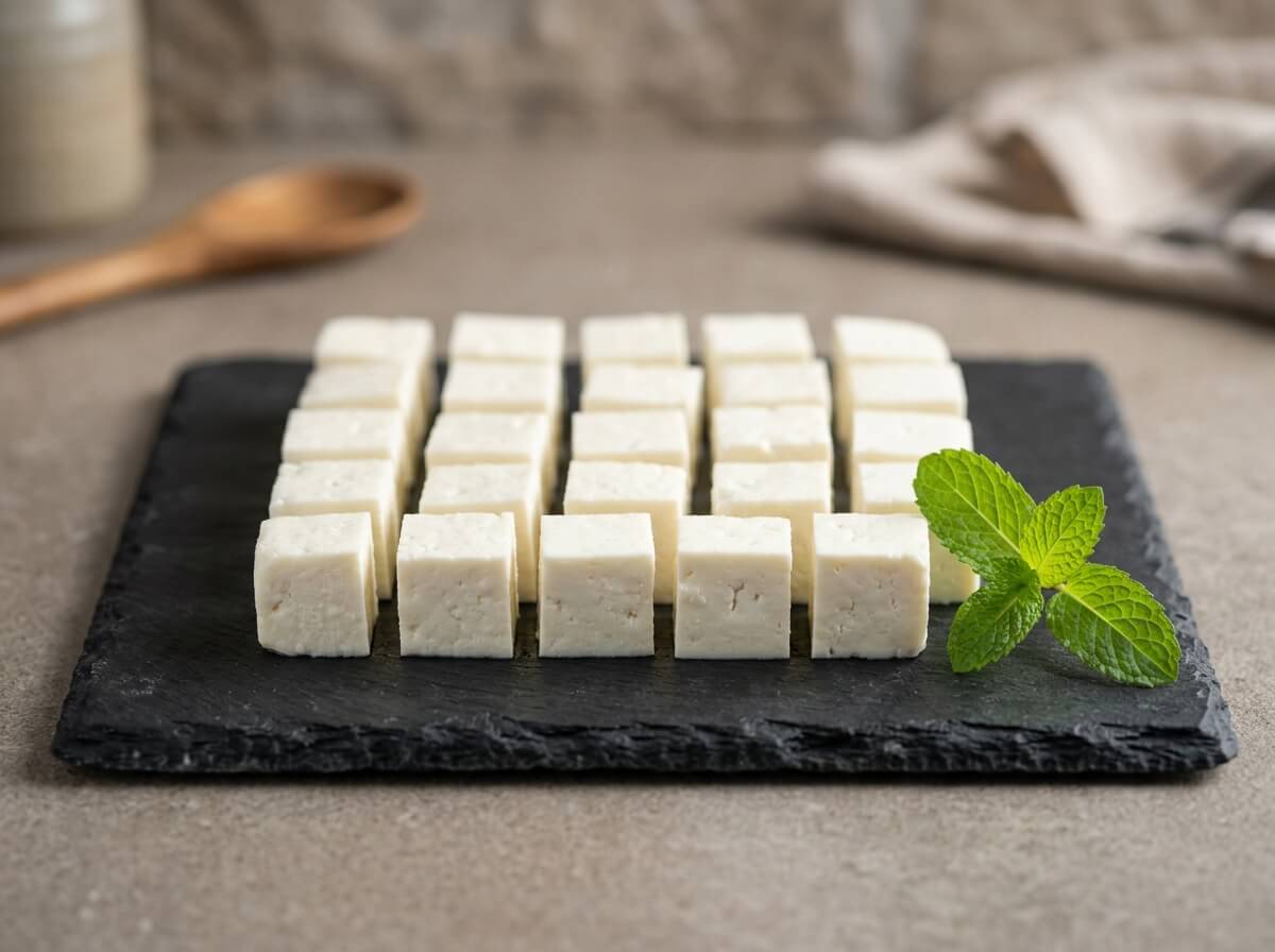 Neat fresh white paneer cubes resting on clean studio slate