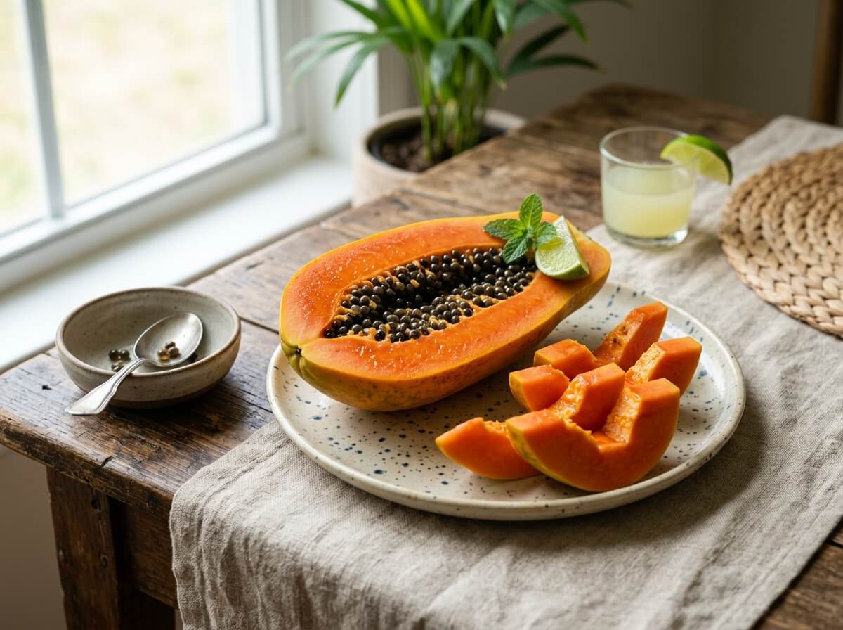 Clean papaya half showing vibrant orange flesh and glistening black seeds