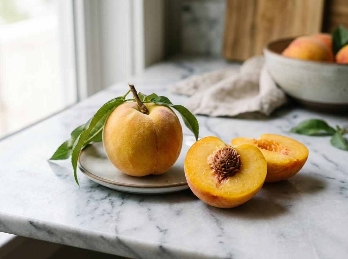 Ripe velvet-skinned peach sliced open showing juicy golden stone fruit flesh