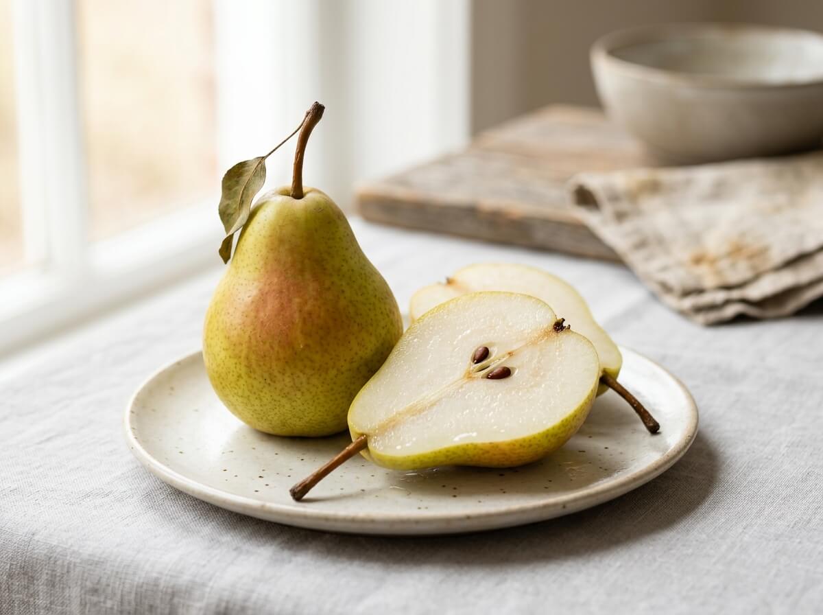 Fresh green Bartlett pear whole and sliced lengthwise on clean background