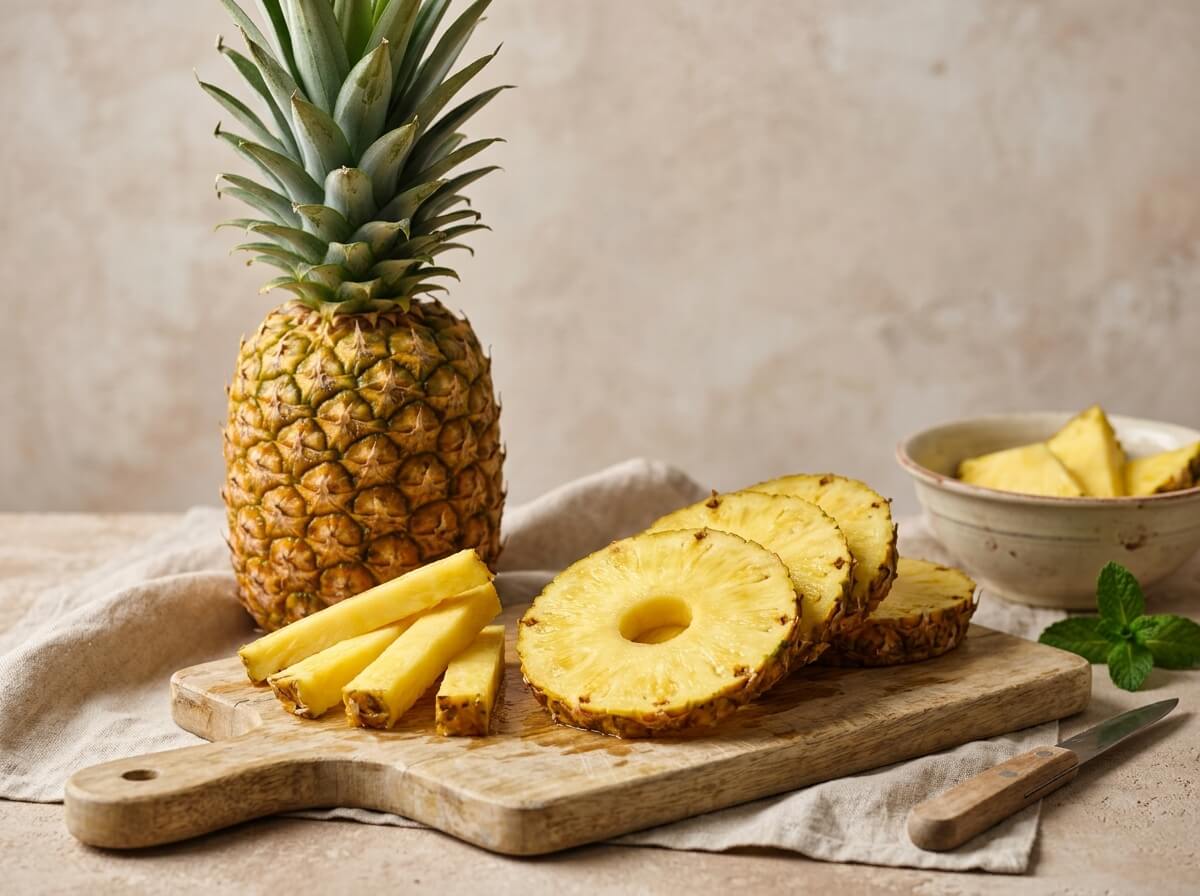 Fresh ripe pineapple whole and sliced into juicy golden spears
