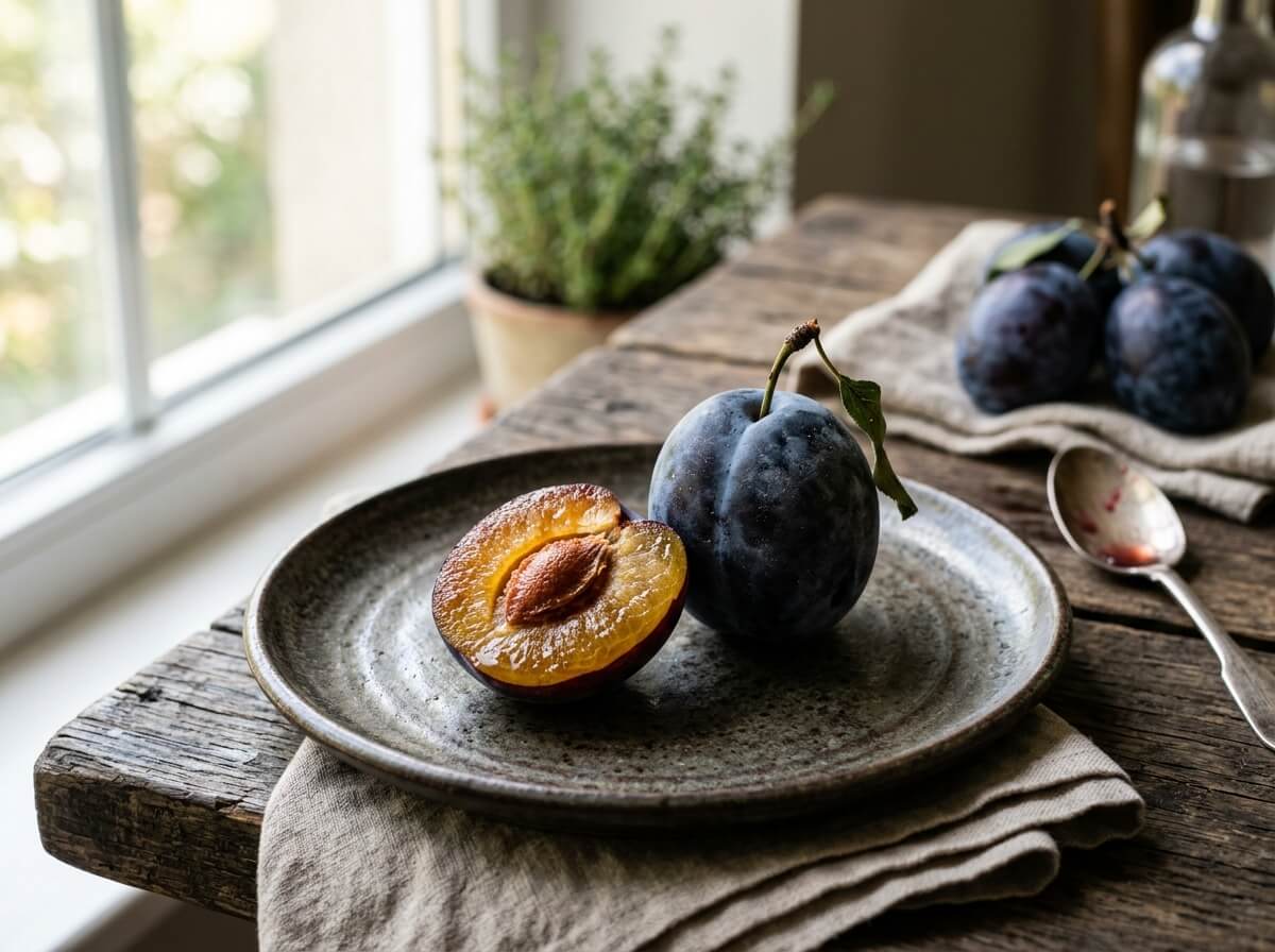 Fresh deep purple plums with one sliced in half displaying amber flesh