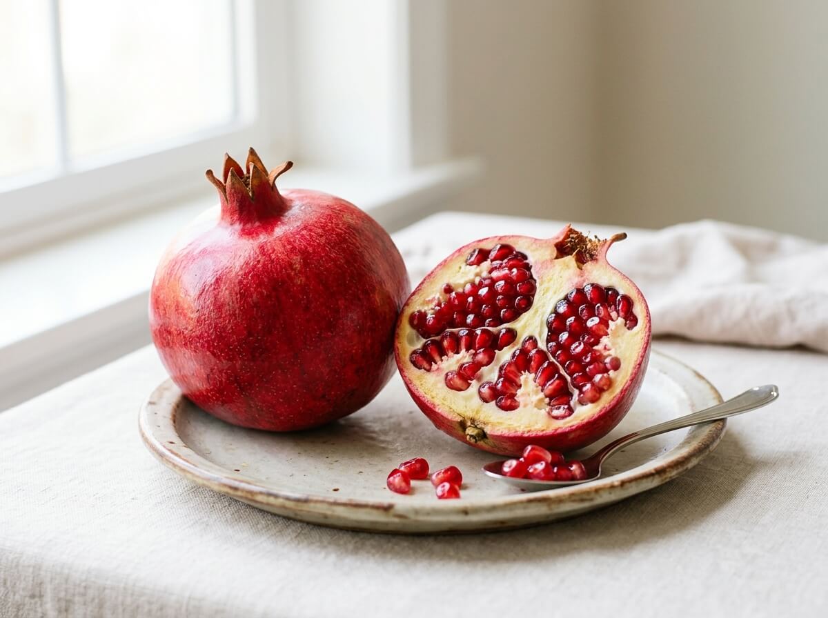 Fresh pomegranate cracked open with glistening deep red ruby arils