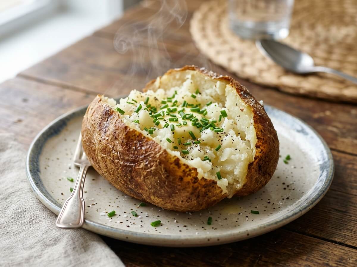 Clean baked potato cut open displaying fluffy steaming interior and skin