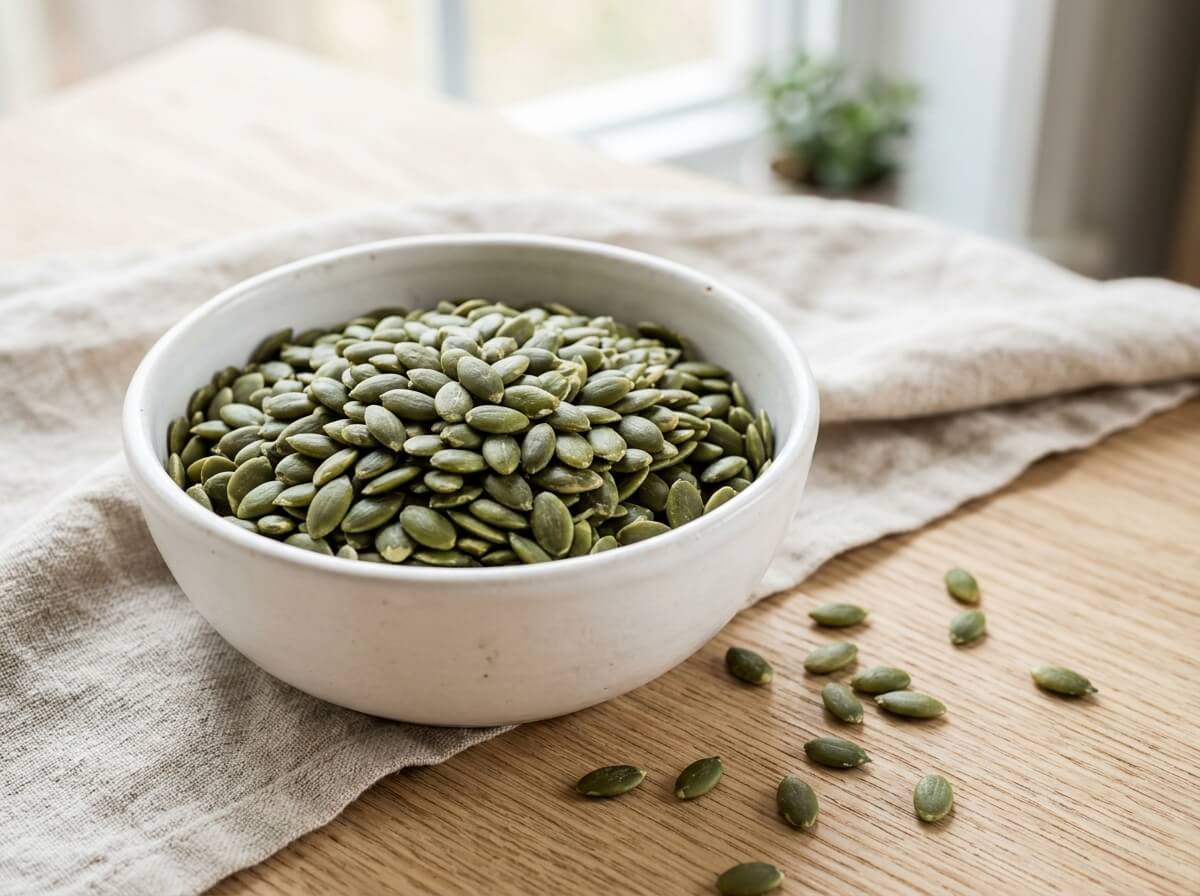 Clean shelled green pumpkin seed pepitas on light wooden surface
