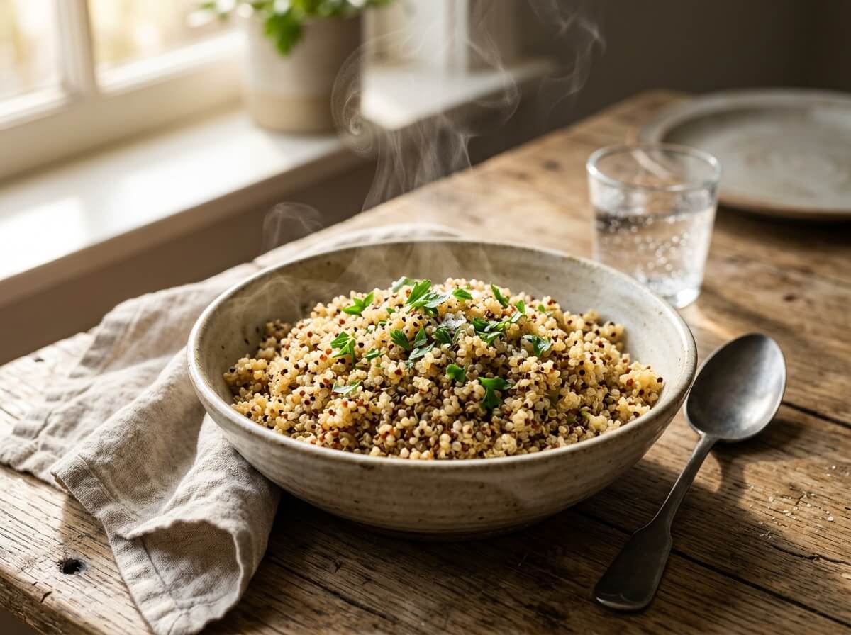 Fluffy cooked quinoa showing tiny light spiraled germ rings