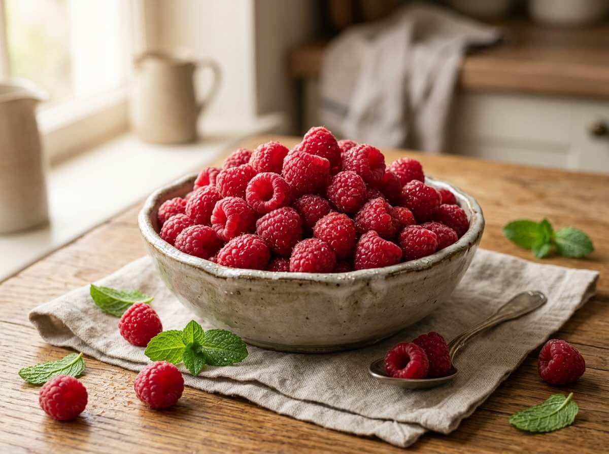 Fresh vibrant red raspberries clustered closely in a minimalist bowl
