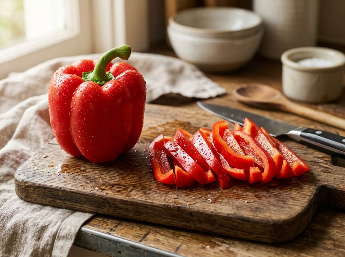 Glossy red bell pepper sliced lengthwise showing crisp juicy walls