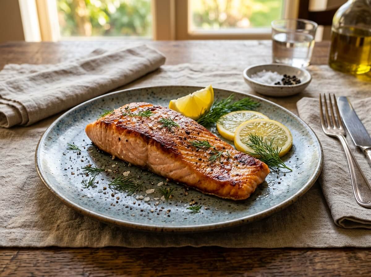 Clean pan-seared salmon fillet displaying delicate pink flaky texture