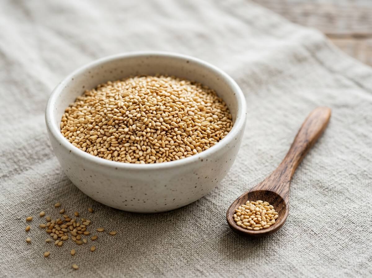 Clean golden whole sesame seeds in a minimalist stone bowl