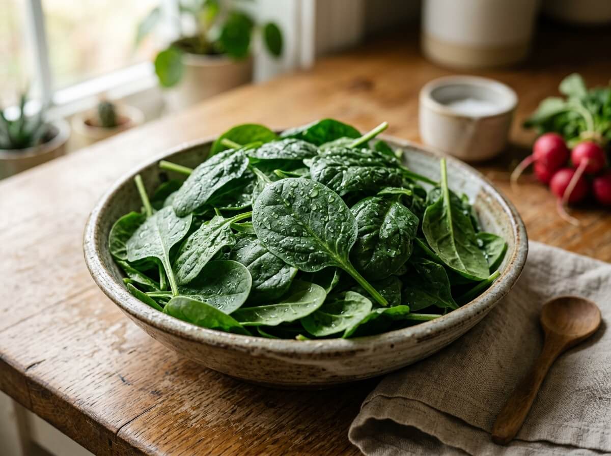 Crisp fresh dark green spinach leaves arranged on clean studio surface