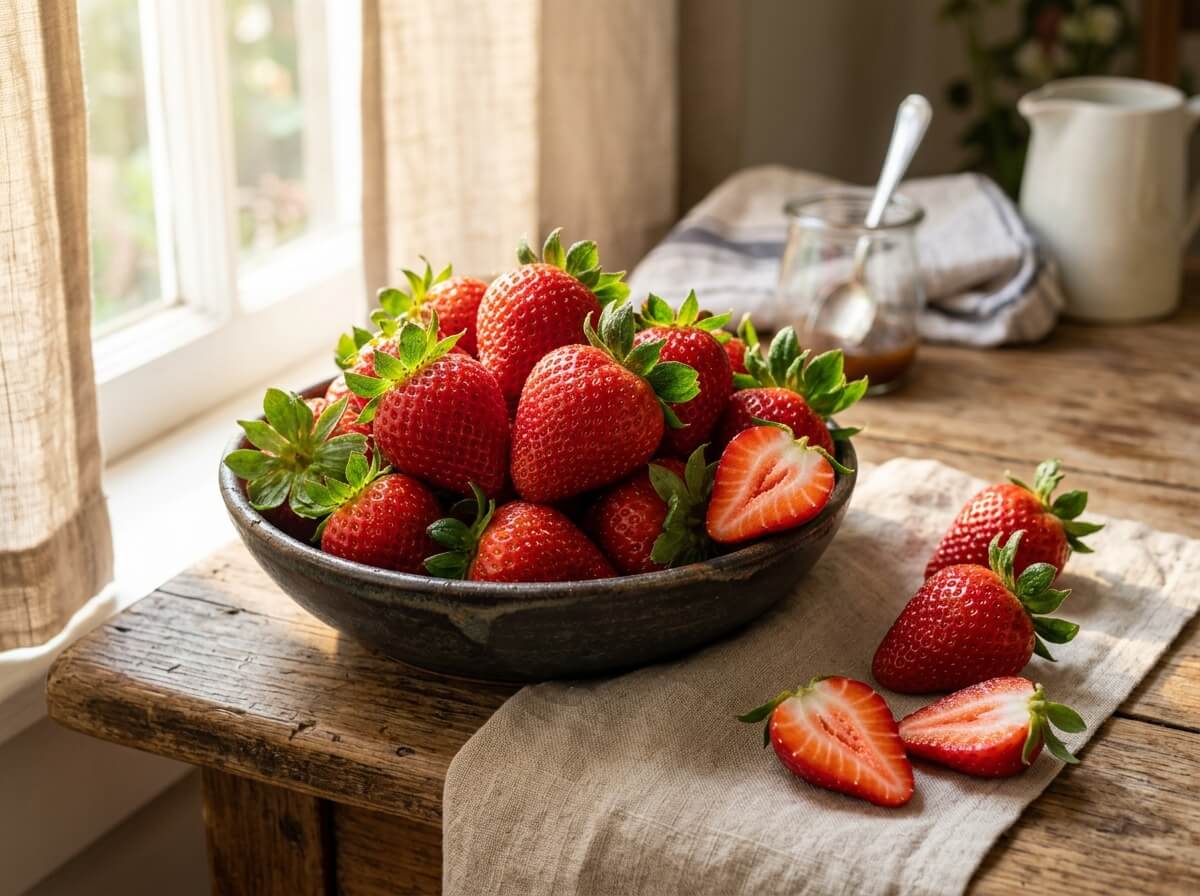 Clean fresh ripe ruby strawberries showing natural texture and green calyx