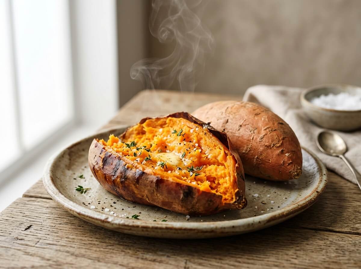 Baked sweet potato split open showing vivid orange flesh with natural steam