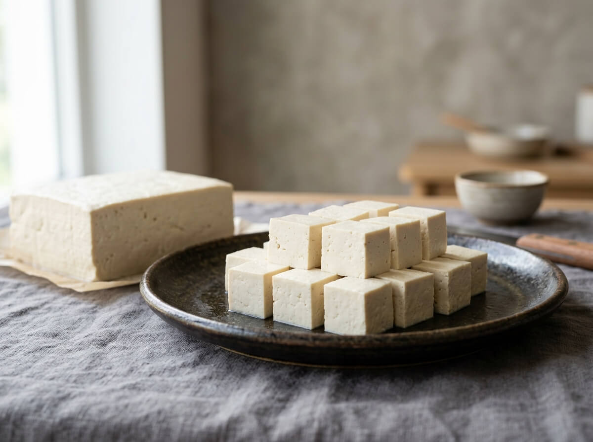 Clean geometric cubes of firm white tofu on neutral ceramic plate