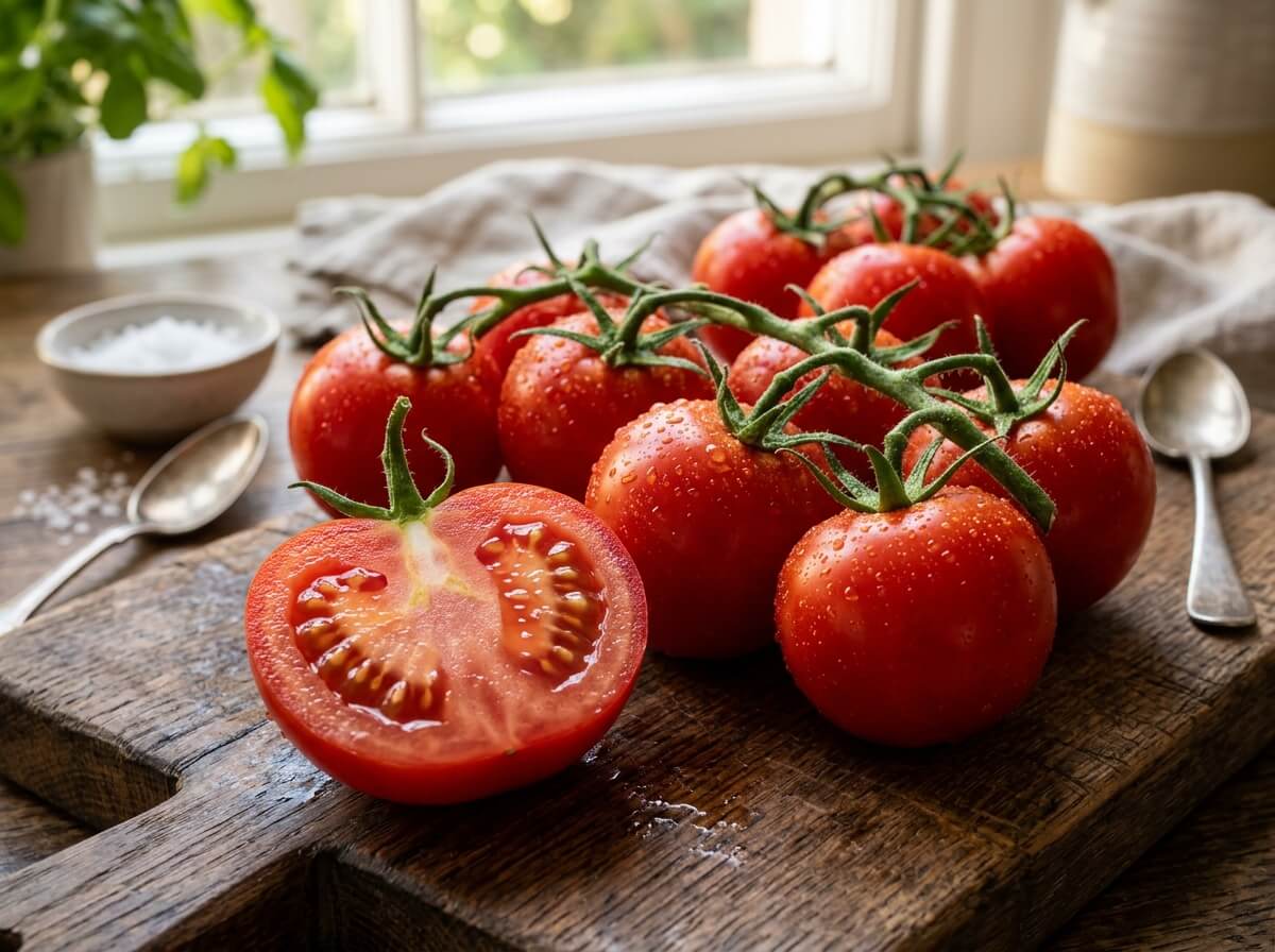 Clean ripe red tomato with slice displaying juicy seed chambers