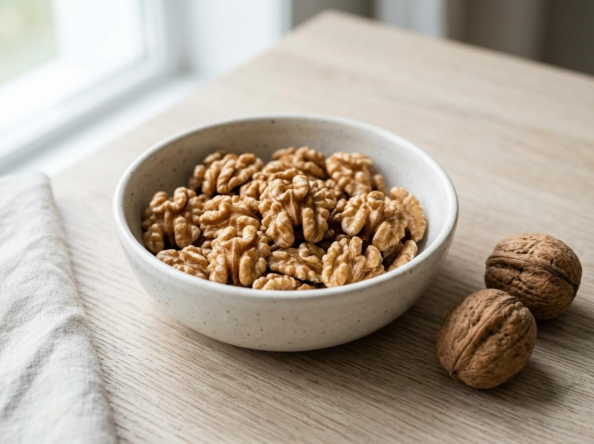 Clean raw walnut halves in minimalist ceramic dish