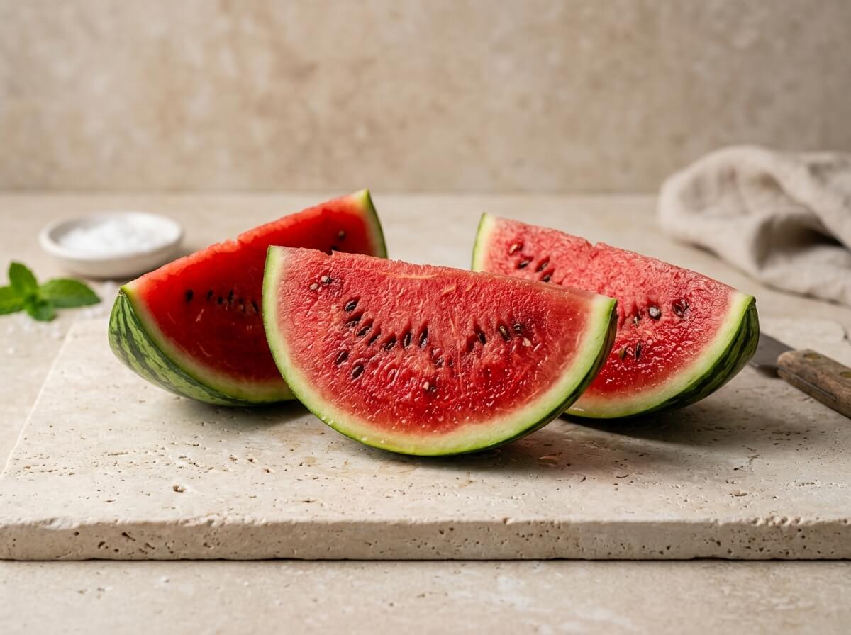 Fresh crisp watermelon slice with vibrant red flesh and dark seeds