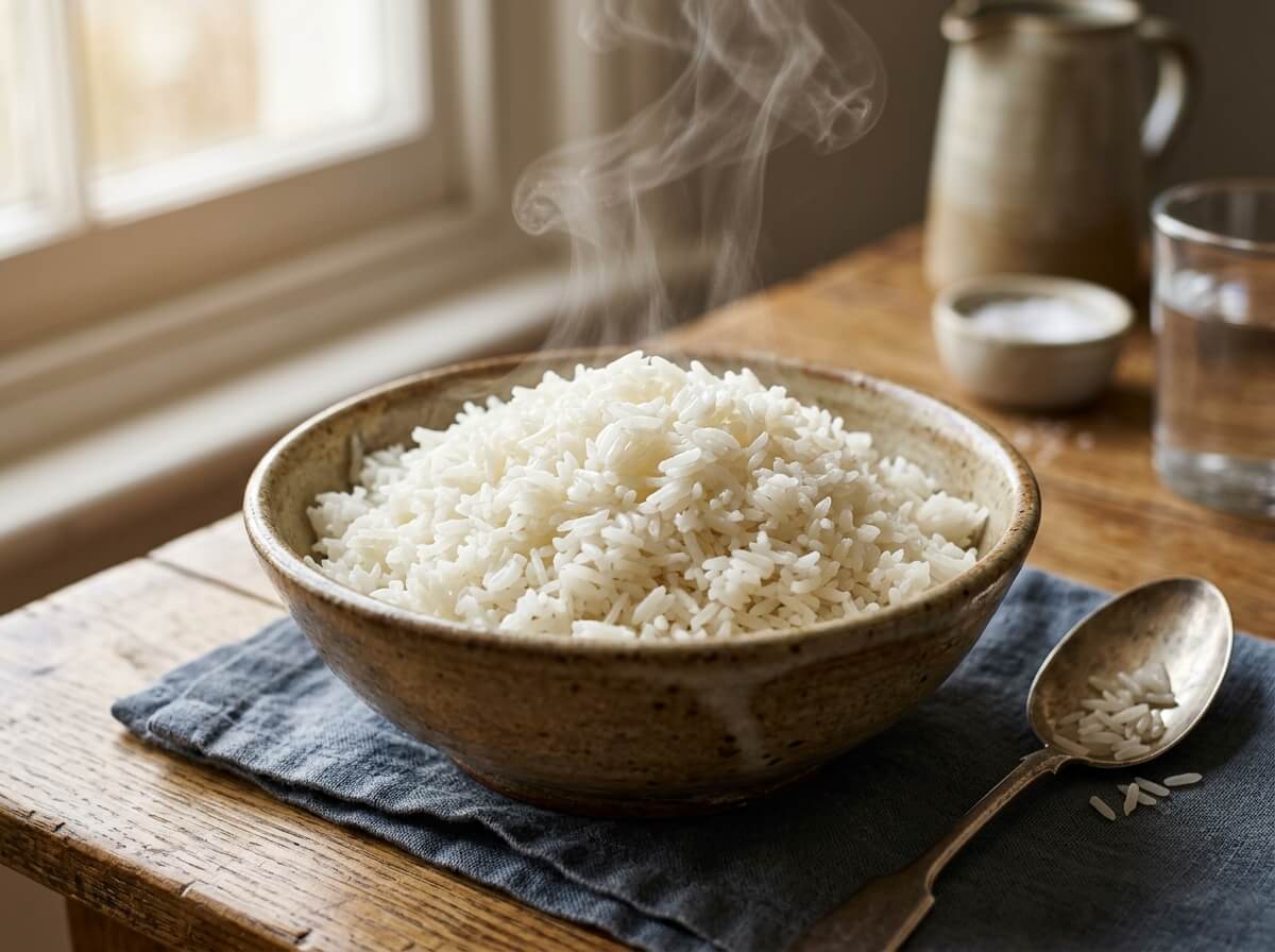 Clean fluffy steamed long-grain white rice in neutral ceramic bowl